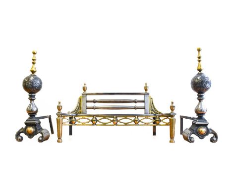 A Steel and Brass Fire Grate, in George III style, with urn shaped finials and pierced apron63cm wide, 34cm highA Similar Pai