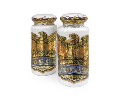 A Pair of Victorian Glass Pharmacy Shop Display Jars and Covers, of cylindrical form, with phoenix labels inscribed SODÆ CARB