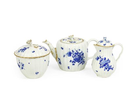 An Assembled Worcester Porcelain Three Part Tea Service, circa 1770, with fluted mouldings, gilt dentil rims and dry blue ena