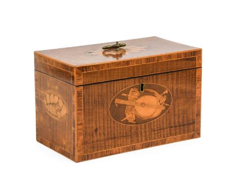 A George III Satinwood and Marquetry Tea Caddy, the hinged cover with oval patera, the base with musical instruments and shel