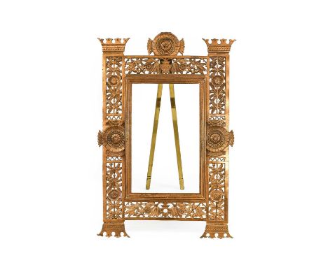 An Aesthetic Movement Gilt-Metal Easel-Back Frame, of vertical rectangular form, pierced and cast with fruiting and flowering