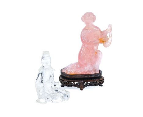 A Chinese Rock Crystal Figure of Guanyin, in 18th century style, seated wearing flowing robes holding beads10cm highA Pink Qu