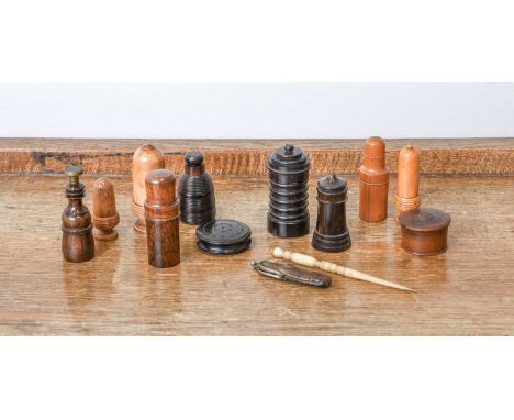 Five Assorted Treen Menthol Cones, 19th century, one labelled for Maw Pure Menthol, Londonlargest 7cmThree Similar Hardwood V