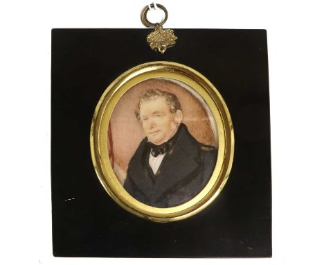 G Maine: Miniature Portrait of a Gentleman, bust length, wearing a black coat, black tie and white shirt, on ivory, oval, wit