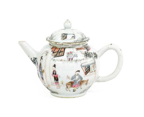 A Chinese Porcelain Teapot and Cover, Qianlong, painted en grisaille and further embellished incoloured enamels with two ladi