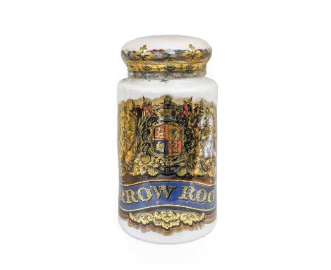 A Victorian Glass Pharmacy Shop Display Jar and Cover, of cylindrical form, with Royal Arms label inscribed ARROW ROOT on a w