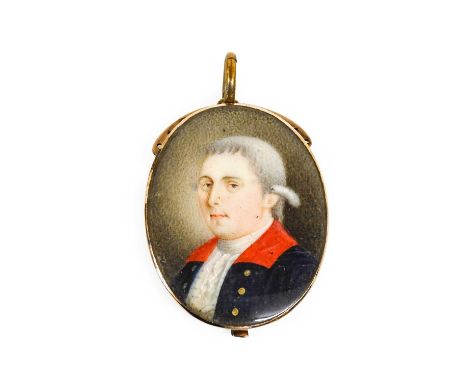 English School (late 18th century): Miniature Portrait of a Gentleman, bust length, with powdered wig, white stock and blue j