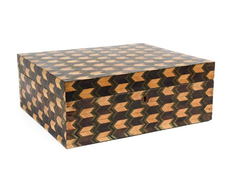 A Parquetry Sewing Box, early 19th century, allover decorated in stained and coloured woods with chevron motifs, the cover lo