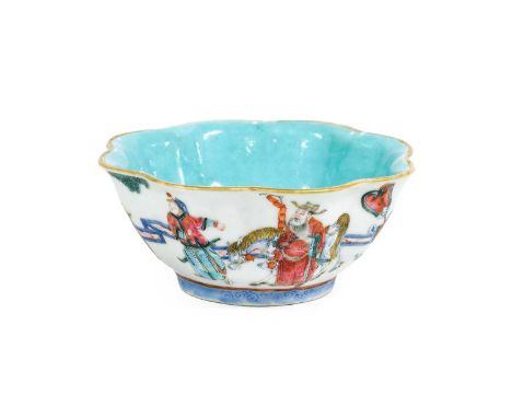 A Chinese Porcelain Bowl, Yongzheng reign mark but 19th century, lobed form and painted in famille rose enamels with a contin