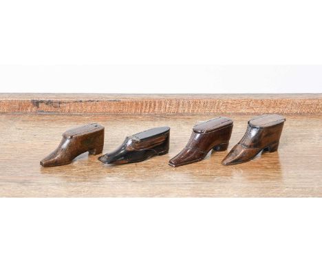 A Treen Snuff Box, 1843, of boot form and with sliding cover, having pique inlay with star motifs and year date9cm longA Simi