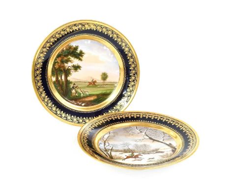 Two Darte Porcelain Plates, circa 1810, with gros bleu and tooled gilt borders framing painted hunting scenes, one with a mou