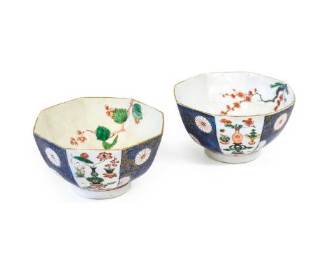 A Pair of Chinese Verte Imari Porcelain Octagonal Bowl, Kangxi, painted with alternating panels of chrysanthemums on a blue g