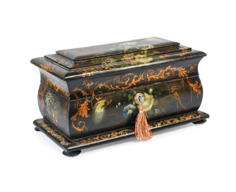 An Early Victorian Papier Mache Tea Caddy, of cushioned rectangular form, painted with exotic birds amongst foliage and gilt 