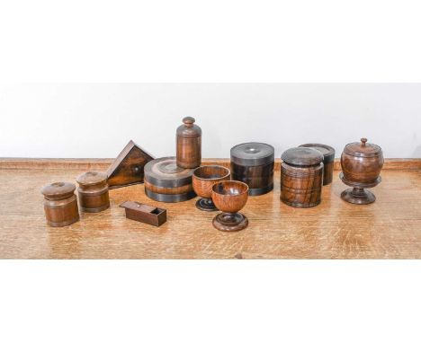 Assorted Treen Vessels, 19th century, comprising: a pedestal bowl and cover with button knop and incised bands 14cm high 4 cy