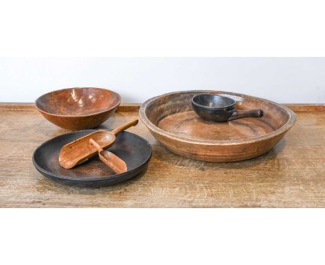 A Sycamore Dairy Bowl, early 19th century, turned with plain incised bands42.5cm diameterA Similar Yew Bowl27cm diameterAnoth
