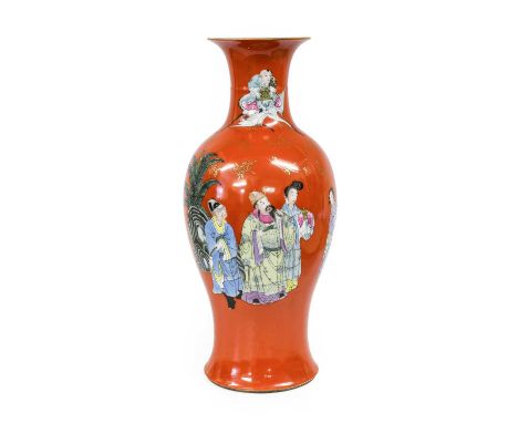 A Chinese Porcelain Baluster Vase, Qianlong reign mark but not of the period, painted in famille rose enemals with the Empero