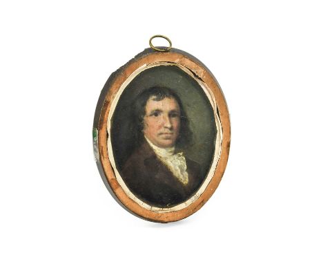 English School (circa 1800): Miniature Portrait of a Gentleman, bust length, with long hair wearing a white stock and brown j