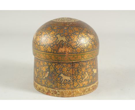 A FINE KASHMIR CIRCULAR TEA CADDY, with animals on a gilded floral background, 15cm diameter.