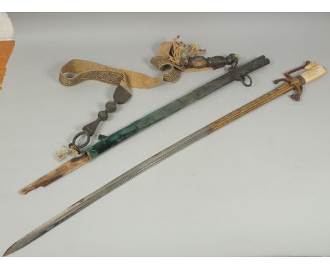 A 19TH CENTURY IVORY HANDLE SWORD, complete with original blade, knucklebow, guard and scabbard, together with a sword belt. 