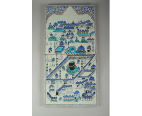 A TWO-PIECE OTTOMAN TURKISH IZNIK POTTERY TILE DEPICTING MECCA, each tile 30cm square, (2).