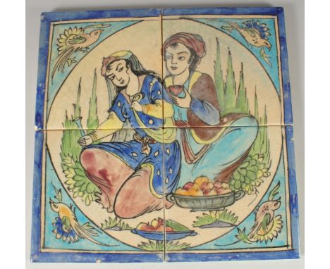 A SET OF FOUR GLAZED POTTERY TILES, together painted with a seated male and female with bird motifs to the border, each tile 
