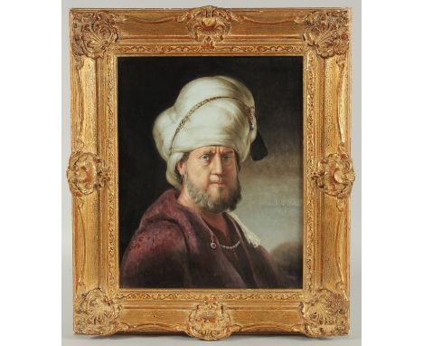 A 19TH CENTURY PAINTED PORCELAIN PLAQUE, signed K. Schubert, Germany, after the old master Rembrandt's 'A Portrait of an man 