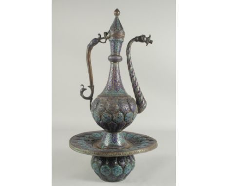 A FINE 19TH CENTURY LARGE INDIAN KASHMIRI ENAMELLED COPPER EWER AND BASIN, ewer 45cm, basin 29cm diameter.