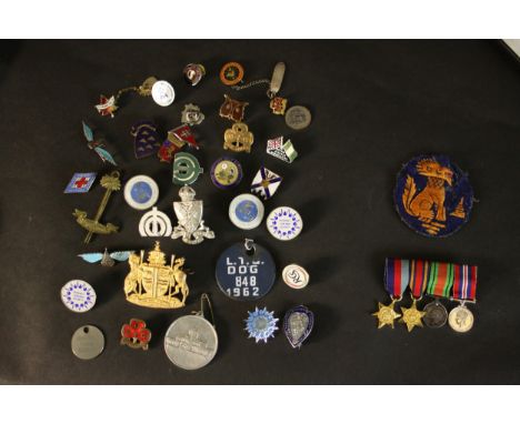 A large collection of various militaria medals and badges, including two silver and enamel sweetheart brooches. H.4 W.9 D.9cm