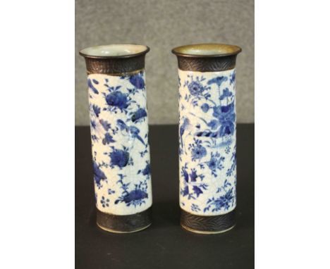 Two Chinese early 20th century crackle glaze blue and white hand painted ceramic vases. Decorated with flowers and birds. Cha