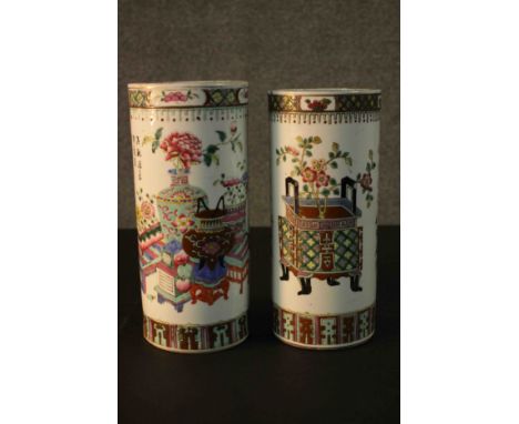 Two early 20th century Chinese Famille Rose cylindrical ceramic umbrella stands. One with a precious objects/100 antiques pat