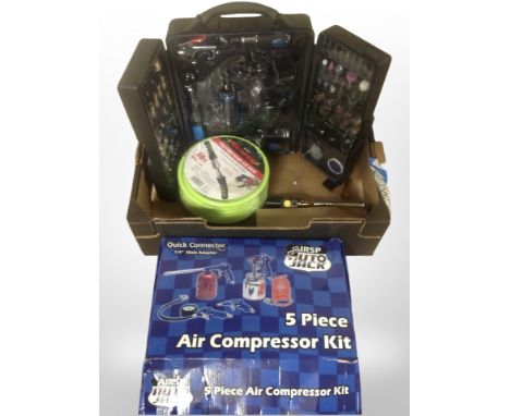 A group of tools and hardware including air compressor, air hose, cased multi-tool set, etc. (1 box)