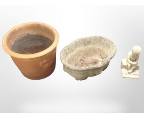 A terracotta planter, height 40cm, a further concrete planter, and an ornament of a boy.