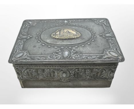 A German pewter rectangular trinket box depicting Cologne Cathedral, width 15cm.