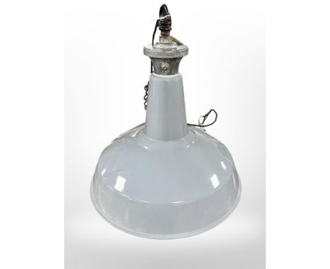 A 20th-century enamelled metal Benjamin Saaflux conical pendant light fitting, diameter 44cm.