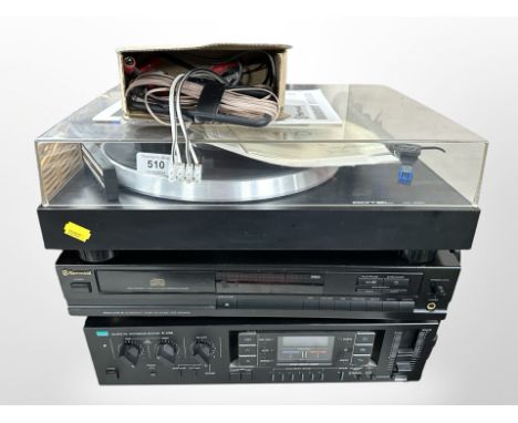 A Sherwood compact disc player CD-3030R, a Sansui synthesizer receiver R-610L, and a Rotel RP-830 belt-drive stereo turntable