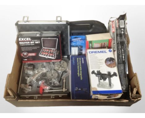 A quantity of tools and hardware including Excel router bit set, drill bit set, etc. (1 box)
