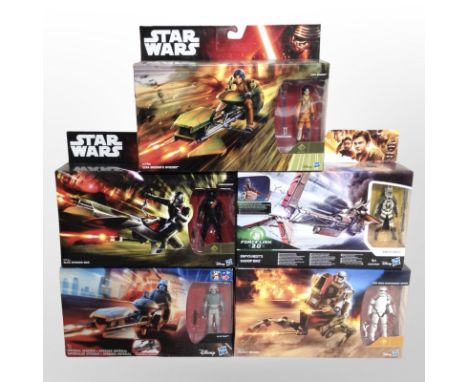 Five Hasbro Disney Star Wars figurines including Assault Walker, Imperial Speeder, etc., boxed.