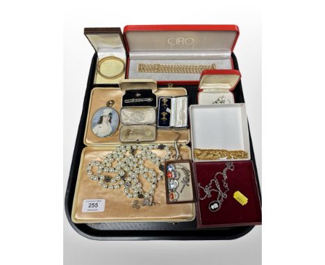 A group of antique and later jewellery including a gold stick pin depicting a fox and riding crop, continental enamelled silv