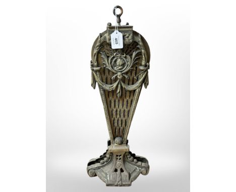 A Victorian brass peacock firescreen, height 60cm.