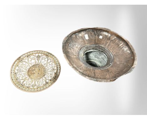 A 19th-century Islamic copper-plated planter, diameter 28cm, together with a further pierced-metal dish.