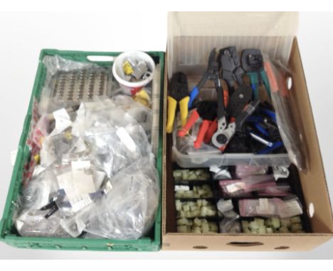 A quantity of crimping tools, electrical components, etc. (2 boxes)
