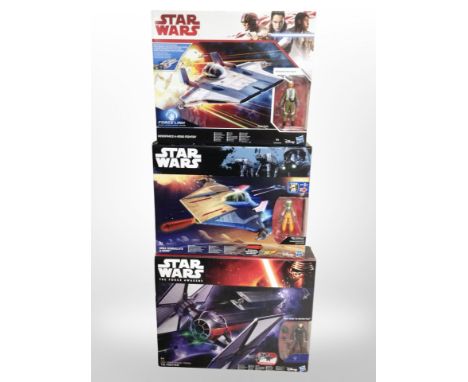 Three Hasbro Disney Star Wars models, Resistance A-Wing Fighter, Tie Fighter, and Hera Syndulla's A-Wing, boxed. 
