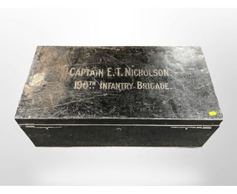 A lacquered tin military trunk with stencilled writing, Cpt. E T Nicholson, 190th Infantry Brigade, width 75cm.