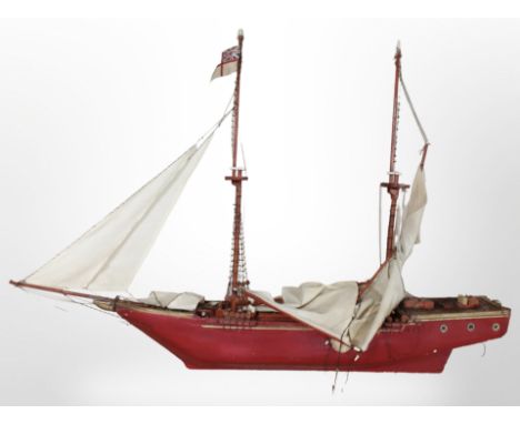 A scale model of a three-masted sailing ship, length 123cm.