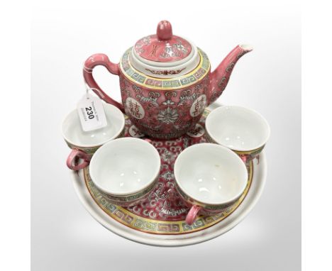 A Chinese porcelain six-piece tea service on tray.