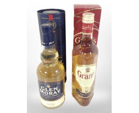 A bottle of Glenmoray Speyside Single Malt Scotch Whisky Classic, 70cl, 40% vol., and a further bottle of Grant's Finest Scot