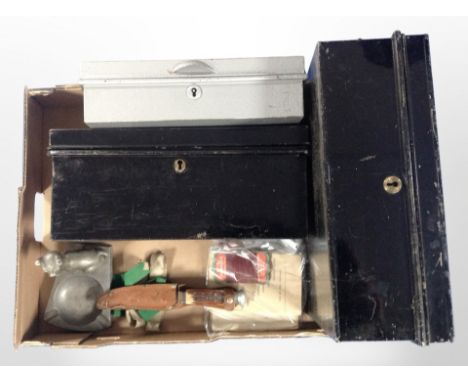 A group of metal deed boxes, hunting knife with antler handle, aluminium dog inkwell, etc. (1 box)