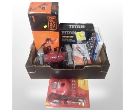 A group of power tools and hardware including Einhell bench grinder, Black & Decker variable speed power file, an Amtech sold