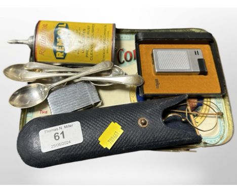 Five silver teaspoons, together with a pair of antique spectacles, a Braun lighter in box, and a Remington oil tin. CONDITION