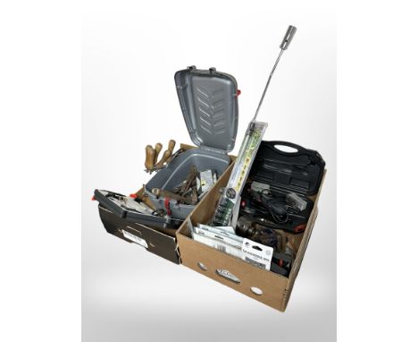 A collection of power and hand tools, dremel, glue gun, garden weed burner, etc. (2 boxes)